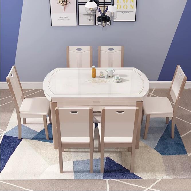 大理石餐桌椅组合折叠实木圆桌家用小户型伸缩餐桌现代简约饭桌子