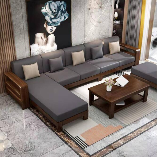 胡桃木科技布沙发简约现代实木布艺沙发组合新中式家具客厅