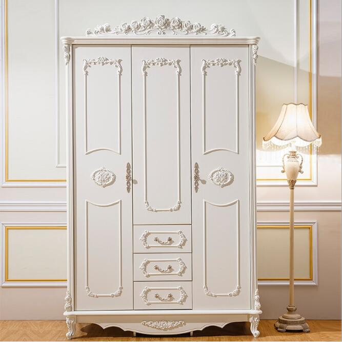 欧式衣柜卧室白色3门公主衣橱衣柜木质家具整体雕花组装柜子
