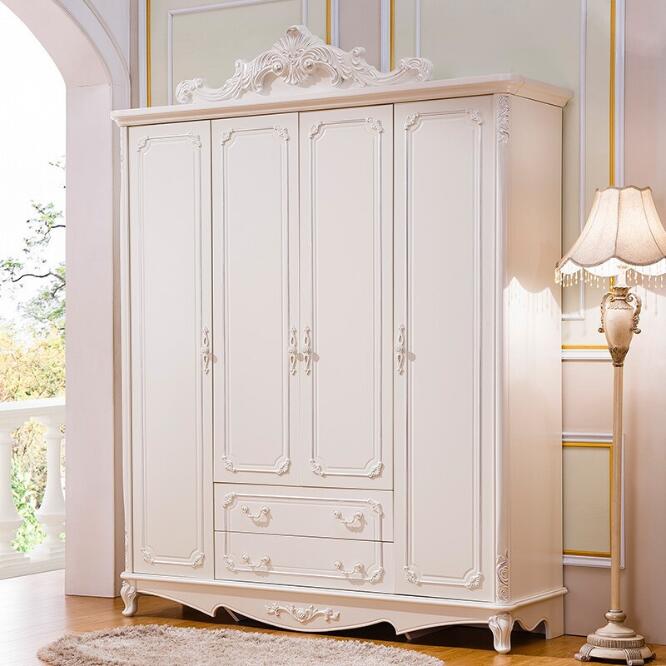 欧式衣柜卧室白色4门公主衣橱衣柜木质家具整体雕花组装柜子