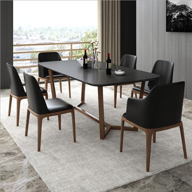 现代火烧石餐桌椅组合简约小户型实木家用长方形北欧大理石餐台