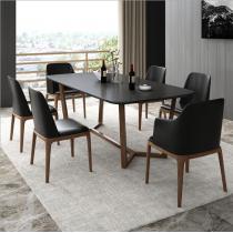 现代火烧石餐桌椅组合简约小户型实木家用长方形北欧大理石餐台
