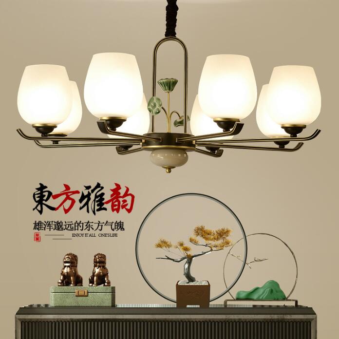 新中式吊灯LED客厅灯简约餐厅灯温馨卧室书房灯铁艺玻璃中式灯...