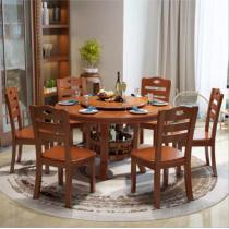 实木圆形餐桌椅组合 橡胶木圆桌1.3/1.5米饭桌带转盘酒店家用餐桌