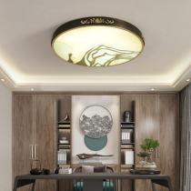 新中式全铜吸顶灯LED卧室灯黑拉丝擦金色铜灯圆形印花书房餐厅灯