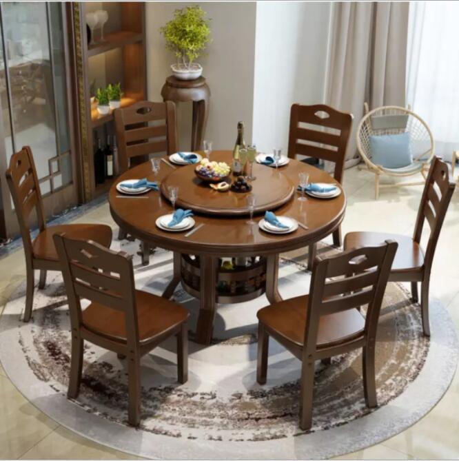 实木圆形餐桌椅组合 橡胶木圆桌1.3/1.5米饭桌带转盘酒店...