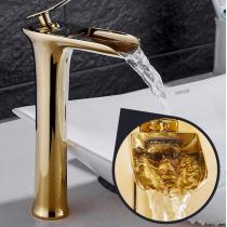 洲恒卫浴 北欧瀑布式水龙头冷热黄铜洗脸盆卫生间洗手池艺术金色面盆浴室柜
