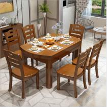 现代中式实木餐桌椅组合一桌六椅橡胶木伸缩餐桌方圆两用餐桌椅