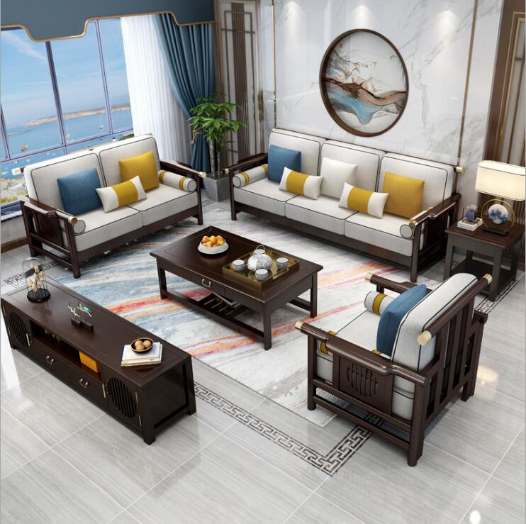 新中式沙发实木家具转角客厅科技布沙发组合租房小户型实木沙发