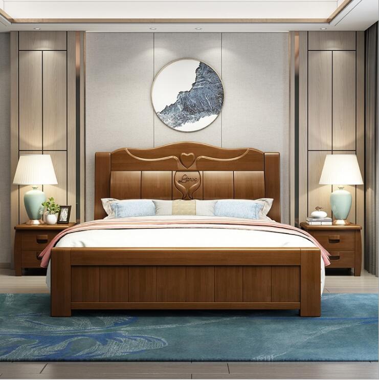 麦迪纶简约现代中式橡胶木实木床1.5米1.8米双人床卧室家具...