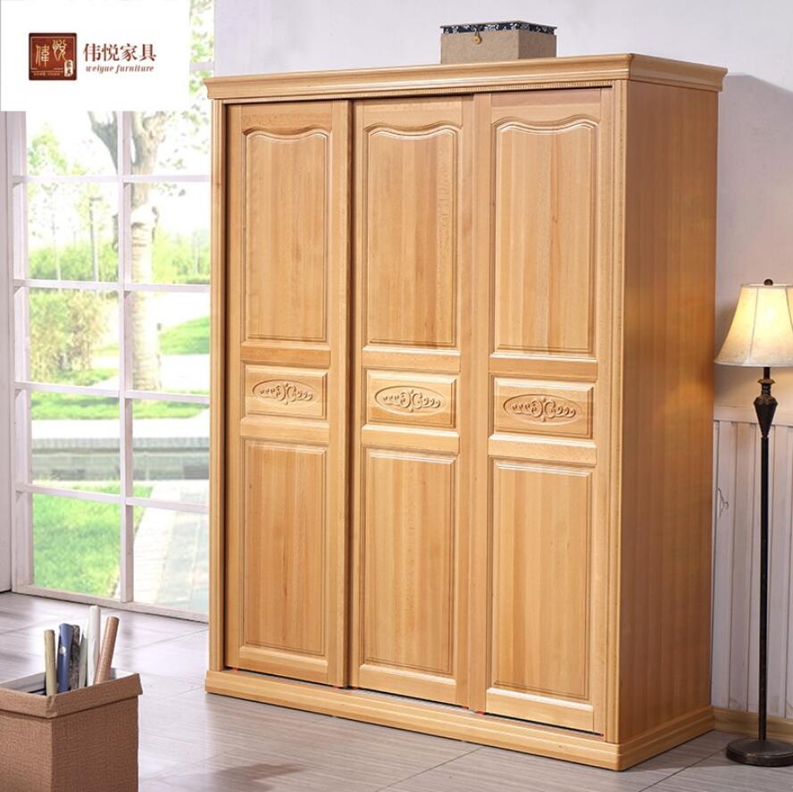 中式实木衣柜两门推拉现代简约三门推拉柜子主卧储物衣橱榉木衣柜