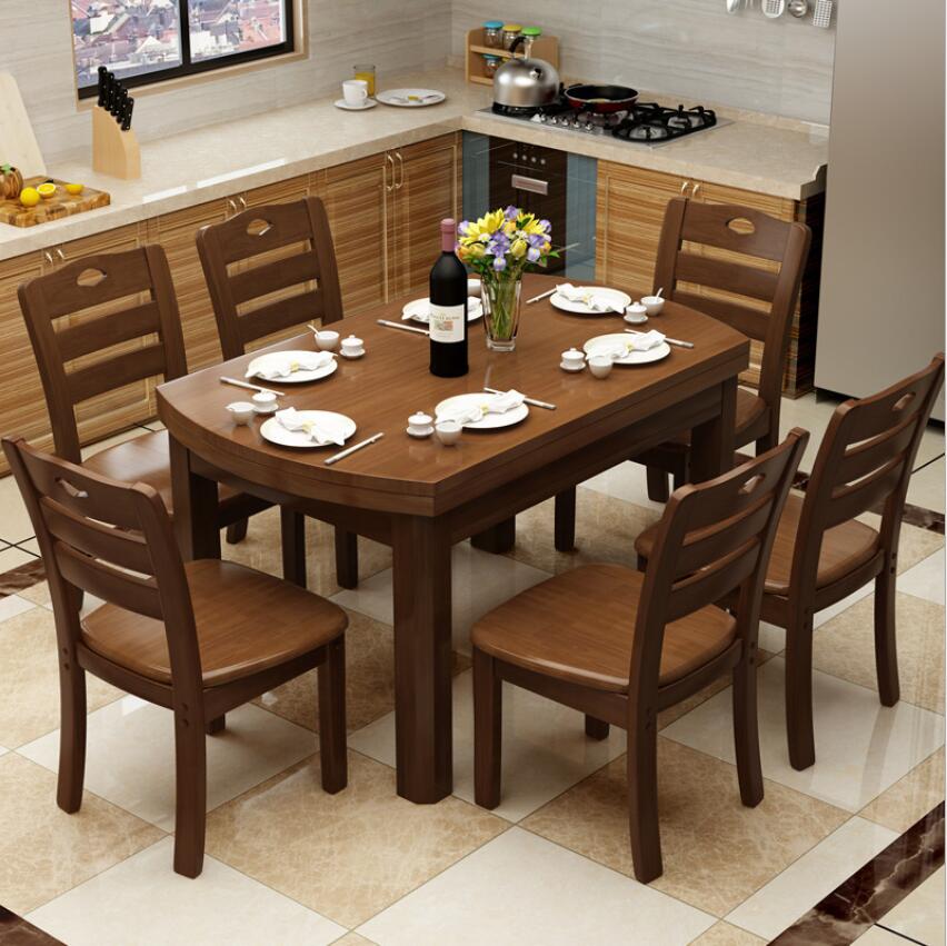 实木餐桌椅组合折叠伸缩大圆桌家具吃饭桌子家用餐厅桌椅饭店餐桌