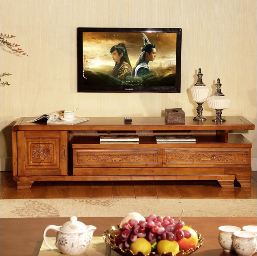 中式电视柜组合墙柜子客厅实木家具地柜小户型原木伸缩电视机柜