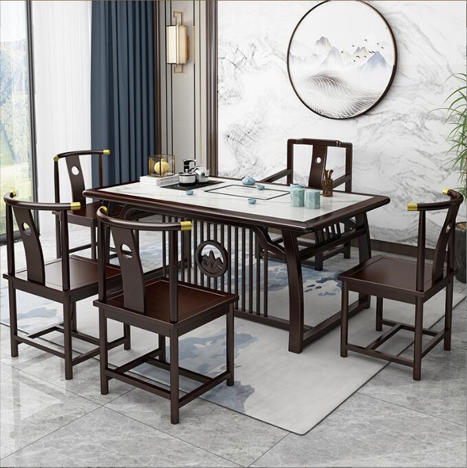 岩板茶桌椅组合功夫红木茶桌套装家具实木茶台办公室新中式茶桌