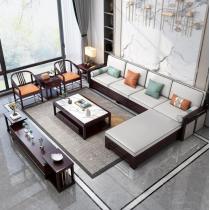 新中式现代实木储物沙发橡胶木1+2+3组合沙发客厅转角贵妃沙发