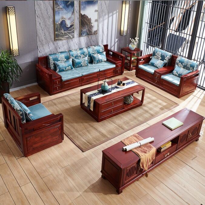 新中式实木沙发两用红木家具转角客厅沙发组合新中式储物红木沙发