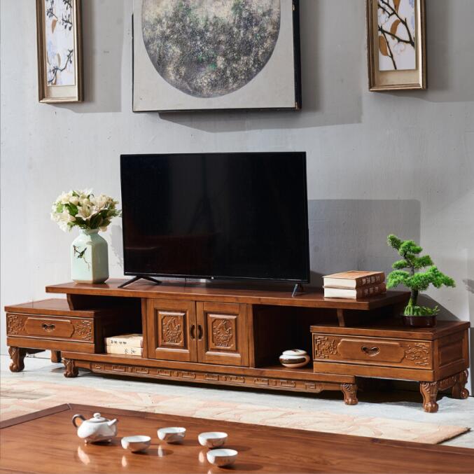 香樟木茶几电视柜组合墙柜子客厅家具伸缩地柜中式实木电视机柜