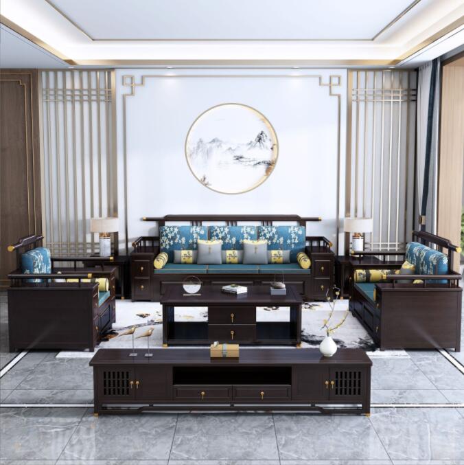 新中式储物沙发小户型实木家具客厅科技布沙发组合转角实木沙发