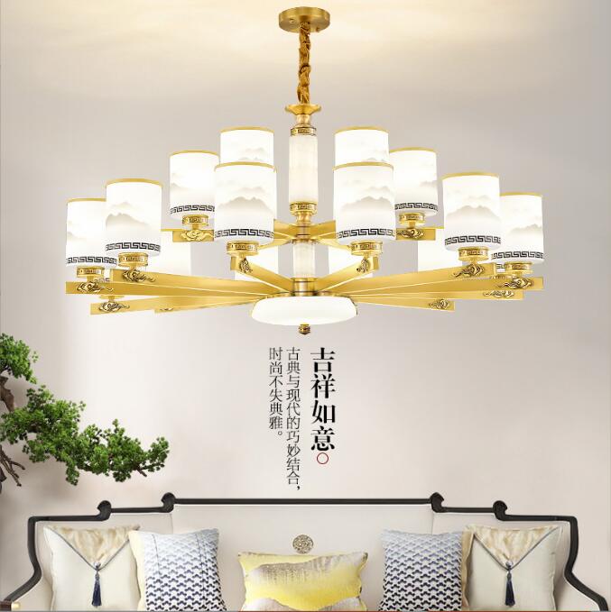 新中式全铜吊灯简约客厅灯餐厅高端现代大气卧室灯中国风玉石灯具