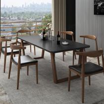 润阳火烧石简约餐桌椅组合型全实木北欧现代长方形大理石岩板餐桌