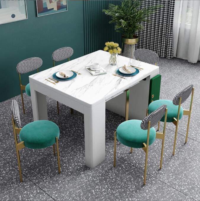 北欧折叠大理石玻璃纹餐桌 多功能实木饭桌 可伸缩餐桌椅组合