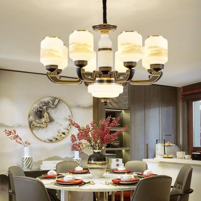 新中式客厅吊灯简约家用餐厅灯套餐风酒店别墅复式楼玉石灯具