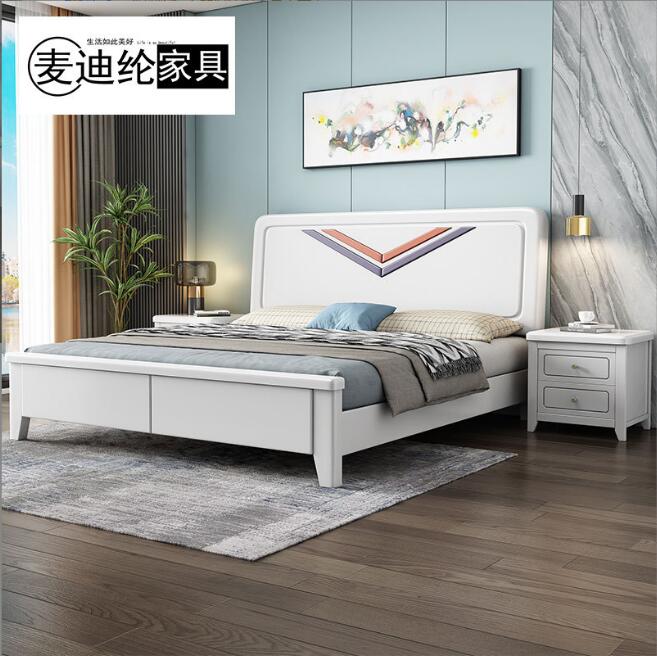 简约现代白色实木床橡胶木1.5米/1.8米双人床卧室家具