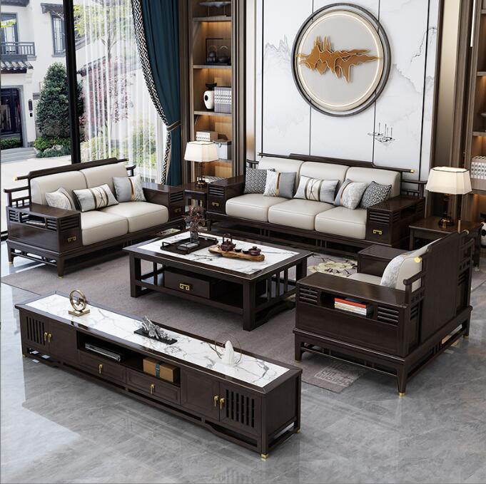 新中式客厅实木沙发组合橡胶木沙发现代中式大户型家具123茶几...