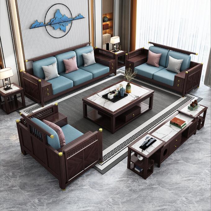 实木沙发小户型客厅科技布沙发组合实木家具转角储物新中式沙发