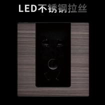 带LED家用开关插座五孔面板一开单控不锈钢拉丝灰黑暗装 墙壁开关