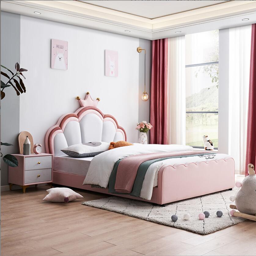 现代儿童床粉色女孩公主床简约皇冠实木床1.5m青少年科技布床