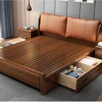 现代简约胡桃木实木床1.5m1.8米双人新中式轻奢储物主卧软包大床