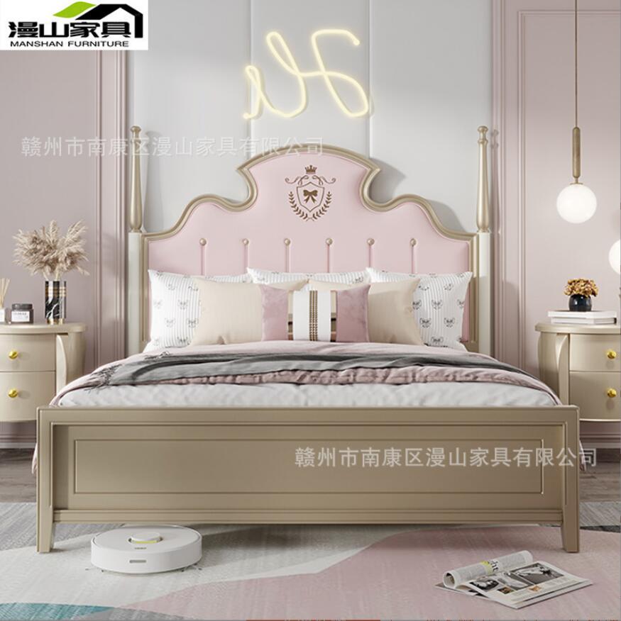 轻奢美式实木床1.8米双人主卧床现代简约女孩公主床软包储物婚床